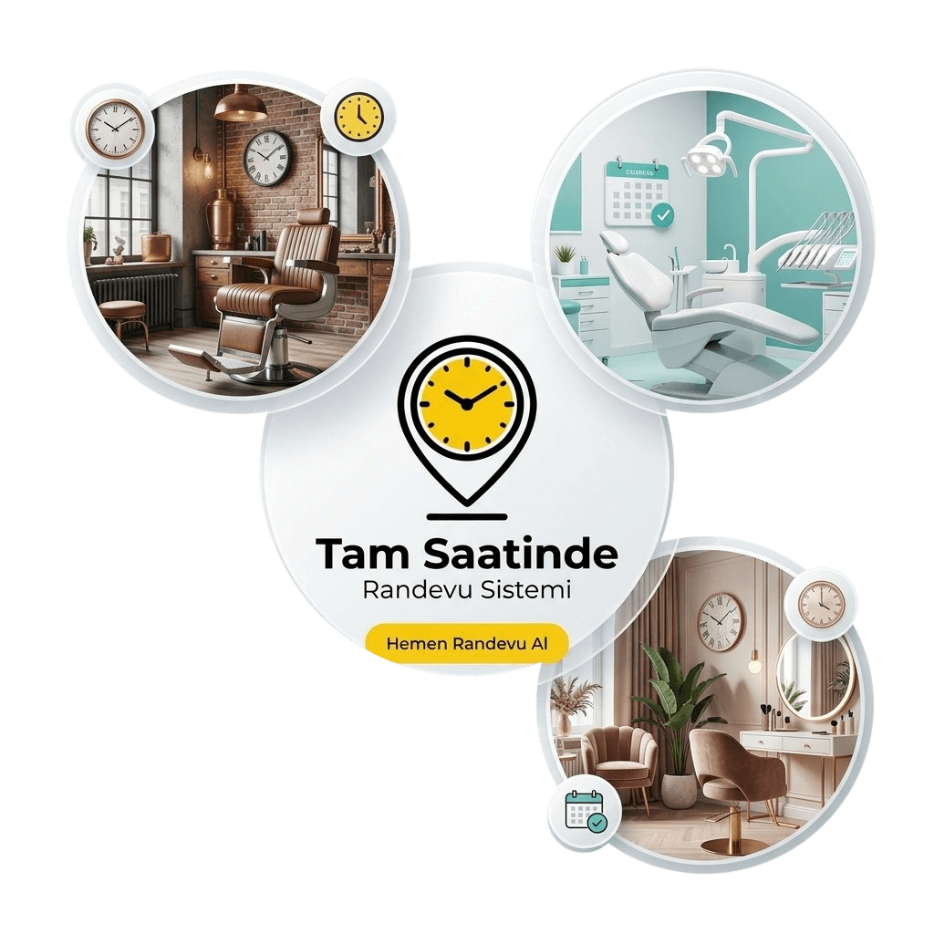 Berber, diş kliniği ve güzellik salonu fotoğrafları ortasında Tam Saatinde logosu